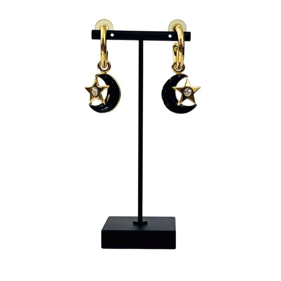 Vintage 80's Earrings Black Half Moon Gold Hoop Dangle Rhinestone Spacecore - Picture 16 of 16